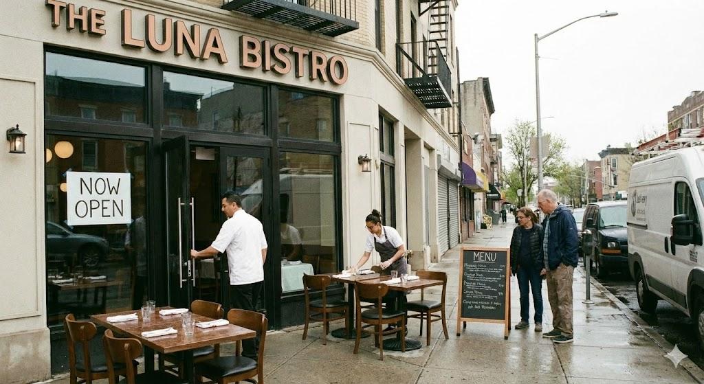 Restaurant staff setting up tables outside a newly opened bistro