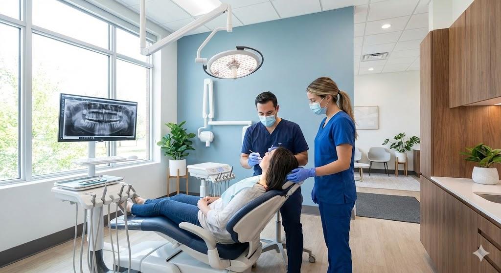 Dentist and assistant treating a patient in a modern practice