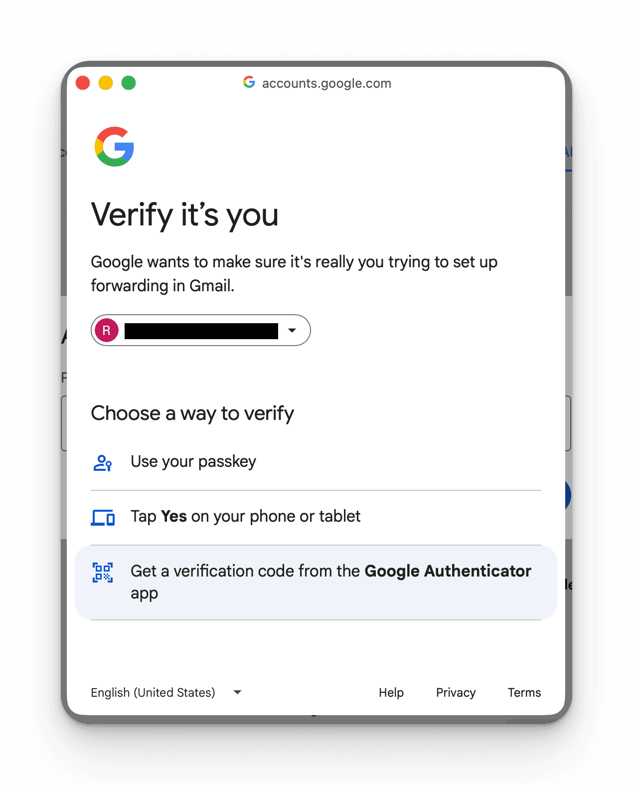 Google verification flow for adding a Gmail forwarding address
