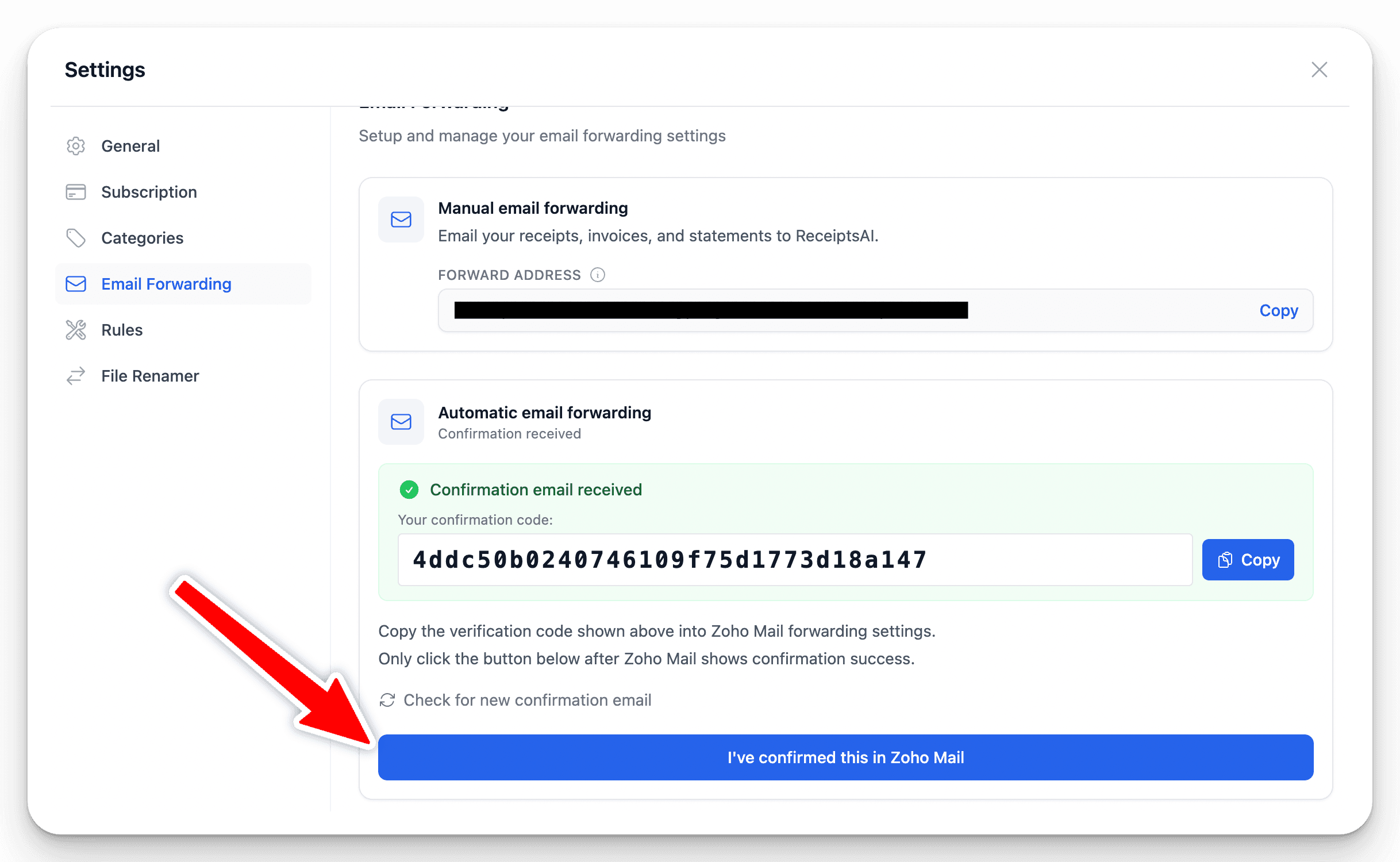 ReceiptsAI confirmation step for Zoho Mail forwarding