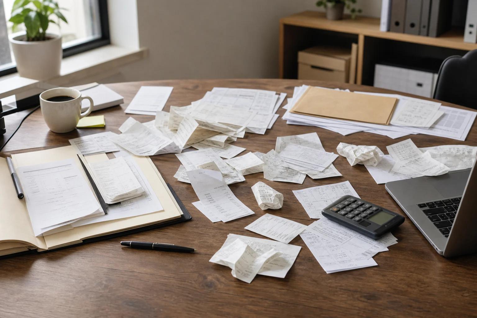 Office desk covered with scattered receipts, invoices, and paperwork