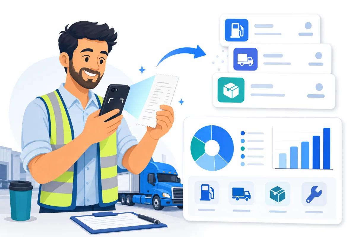 Owner-operator scanning a fuel receipt into a categorized fleet expense dashboard with ReceiptsAI