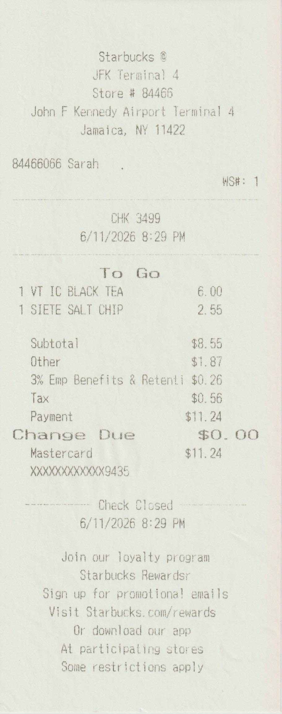 Scanned Starbucks receipt