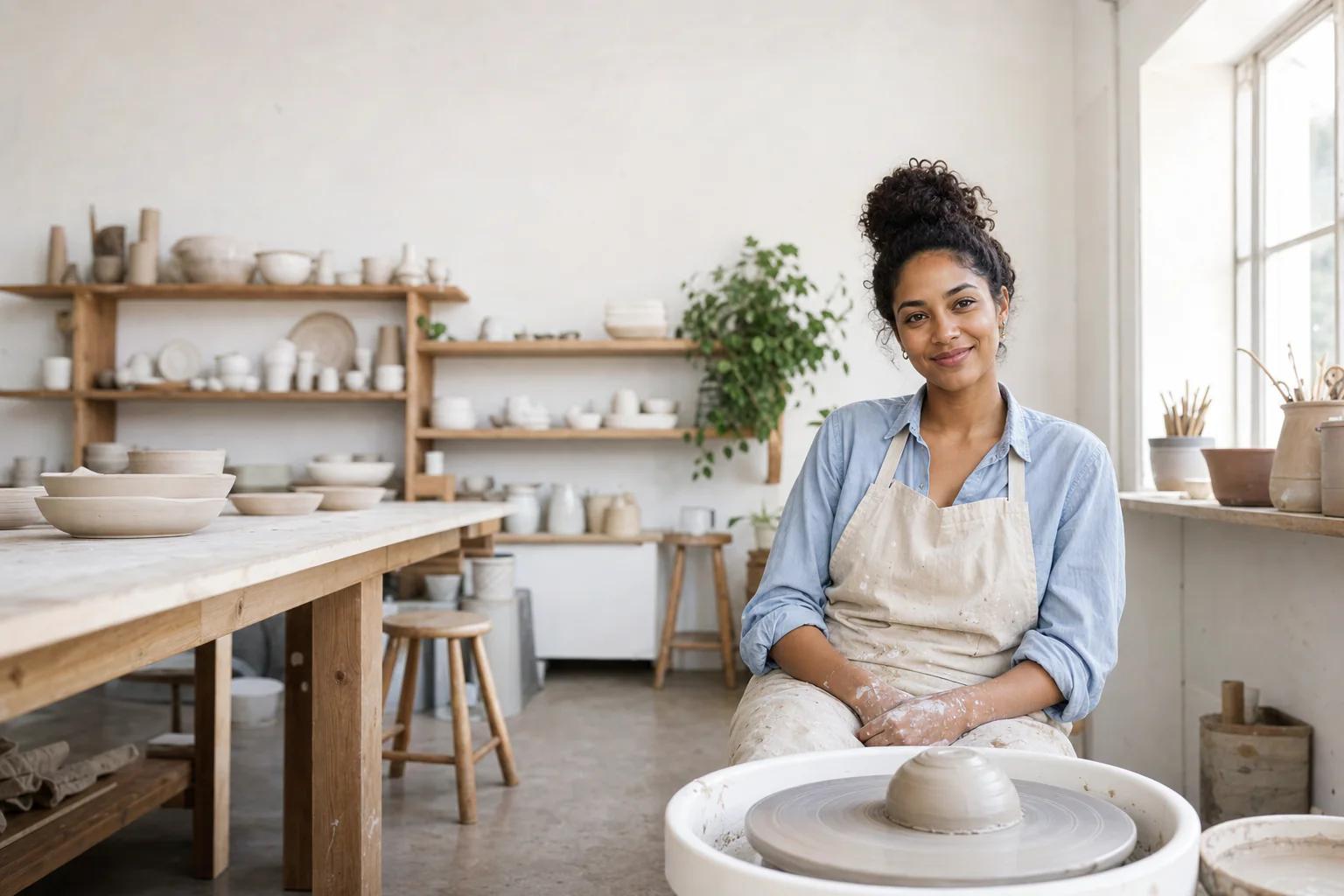 A young ceramic artist smiling at her pottery wheel
