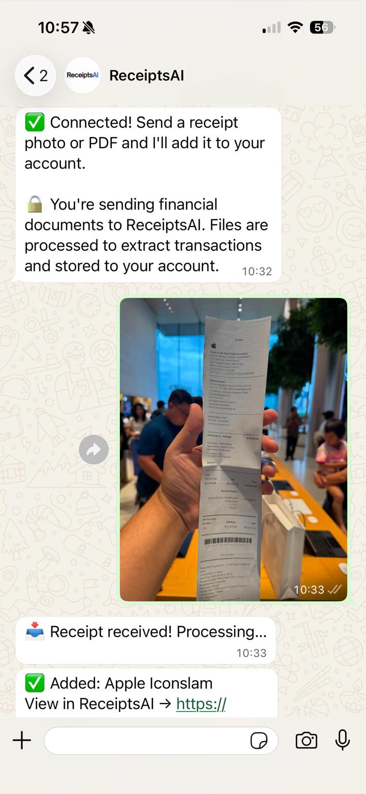 WhatsApp chat with ReceiptsAI adding a photographed receipt