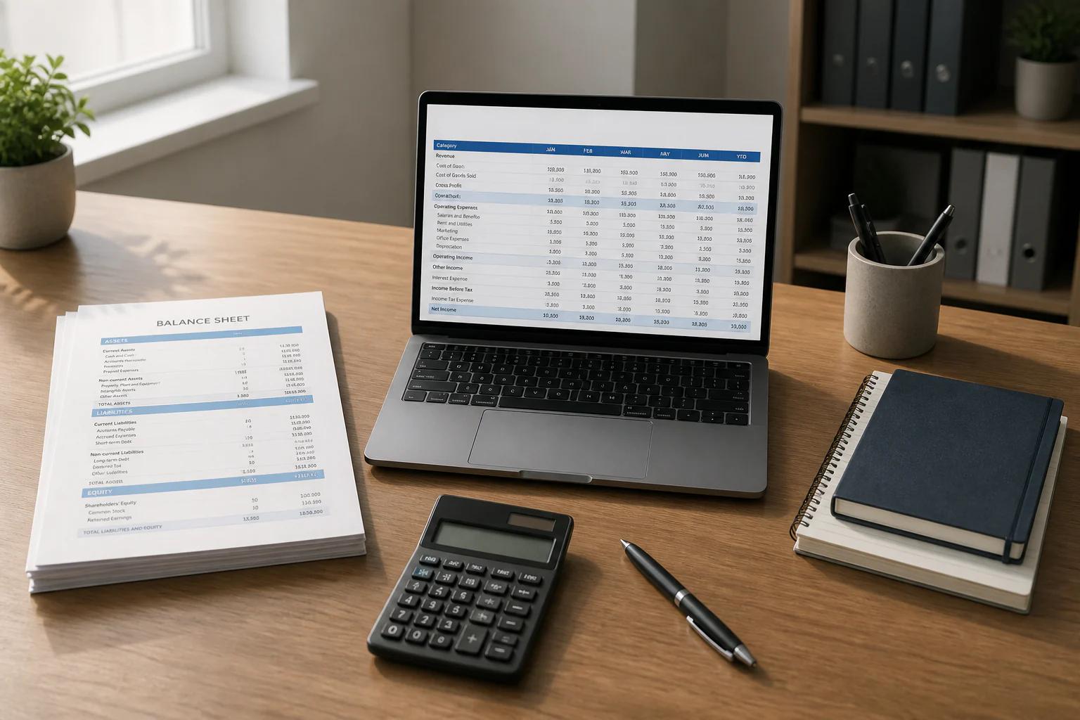 Organized office desk with a balance sheet and spreadsheet arranged in columns