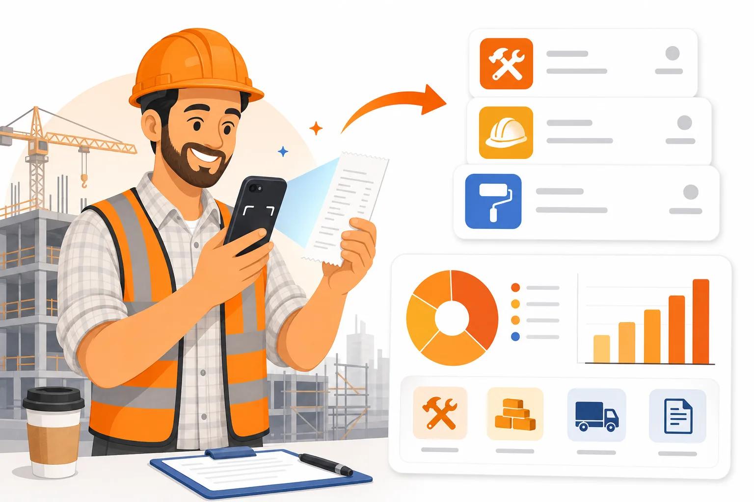Contractor scanning a material receipt into a categorized job expense dashboard with ReceiptsAI