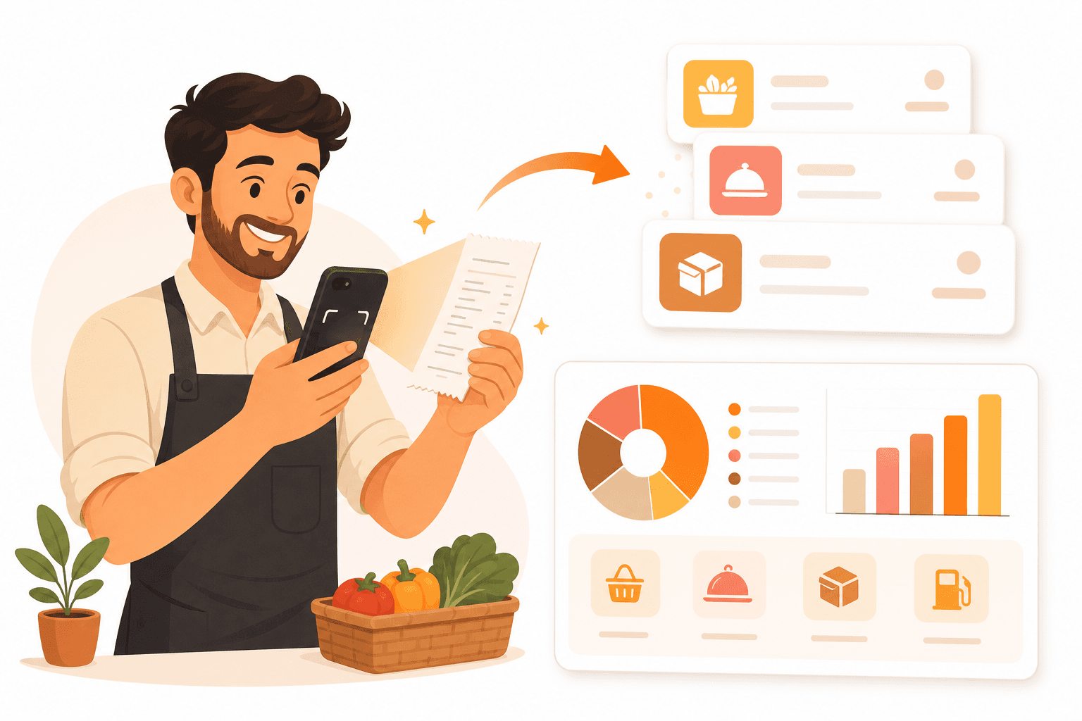 Restaurant owner scanning a receipt into an organized, categorized expense dashboard with ReceiptsAI
