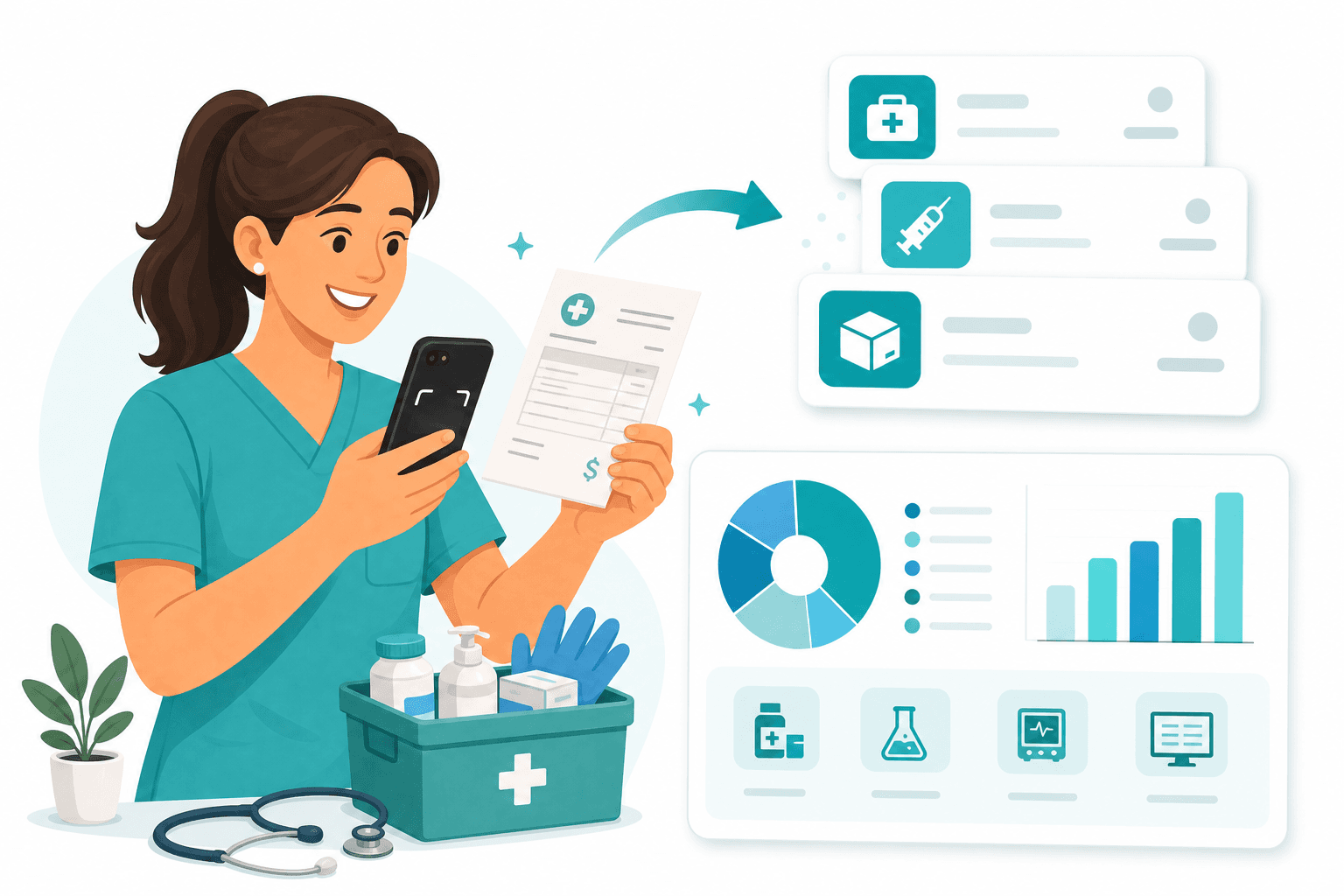 Dental office staff using an AI receipt scanner app to capture a supplier invoice into a categorized expense dashboard