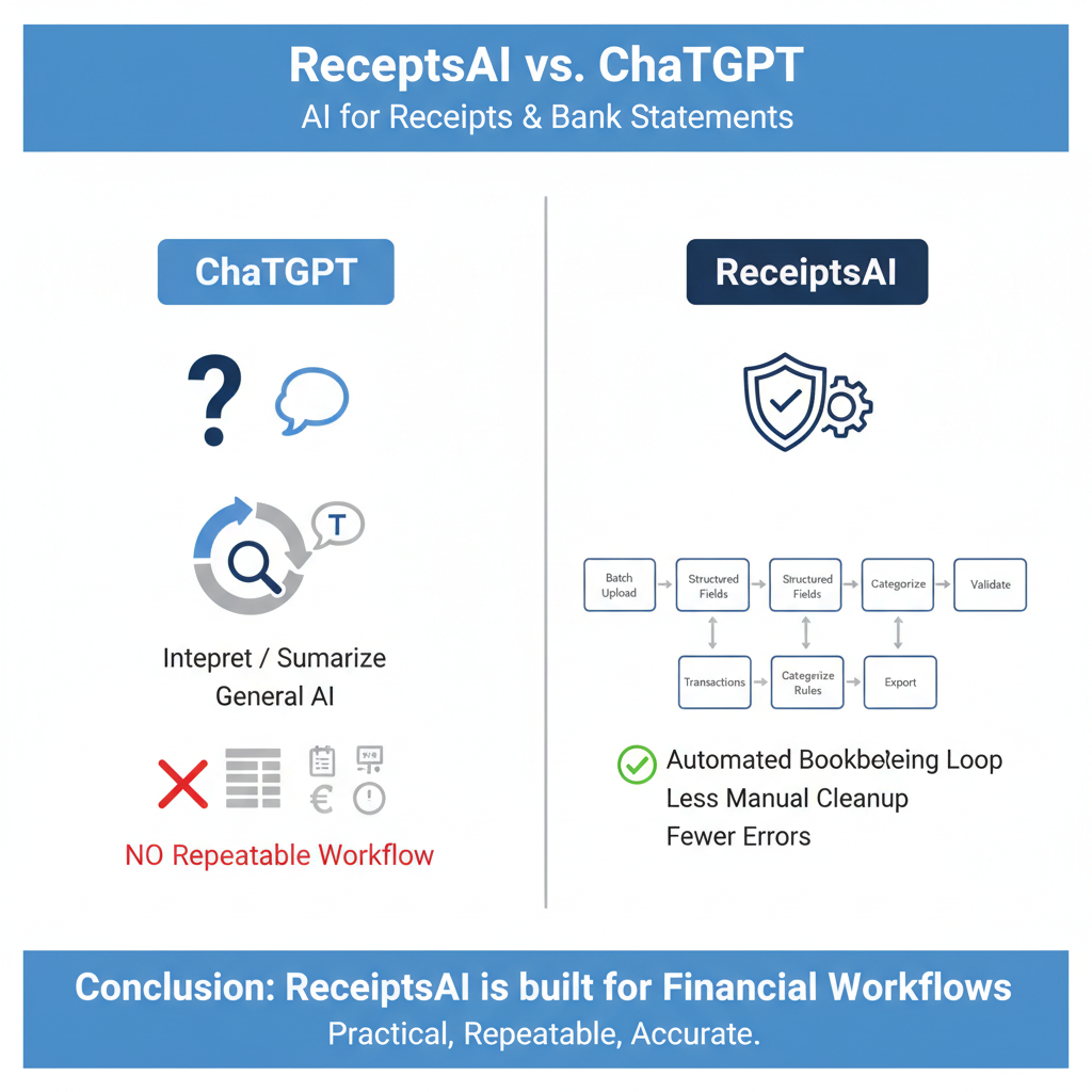 ReceiptsAI vs. ChatGPT: Why ReceiptsAI is the best AI for managing receipts and bank statements infographic