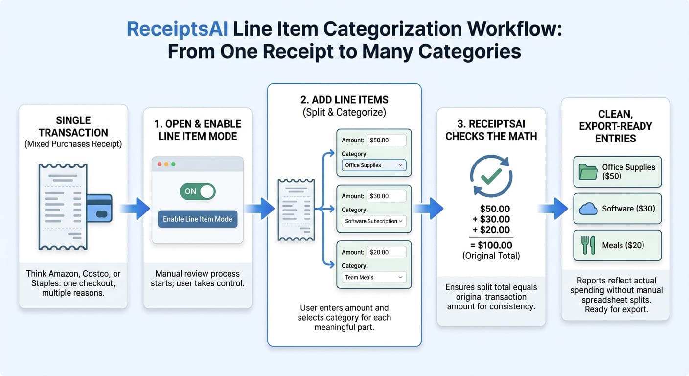 From One Receipt to Many Categories: How Line Item Categorization Works in ReceiptsAI infographic