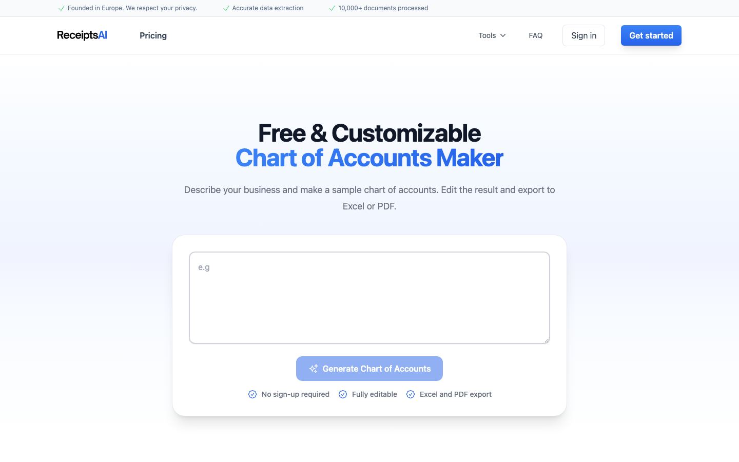 ReceiptsAI Chart of Accounts Maker tool screenshot