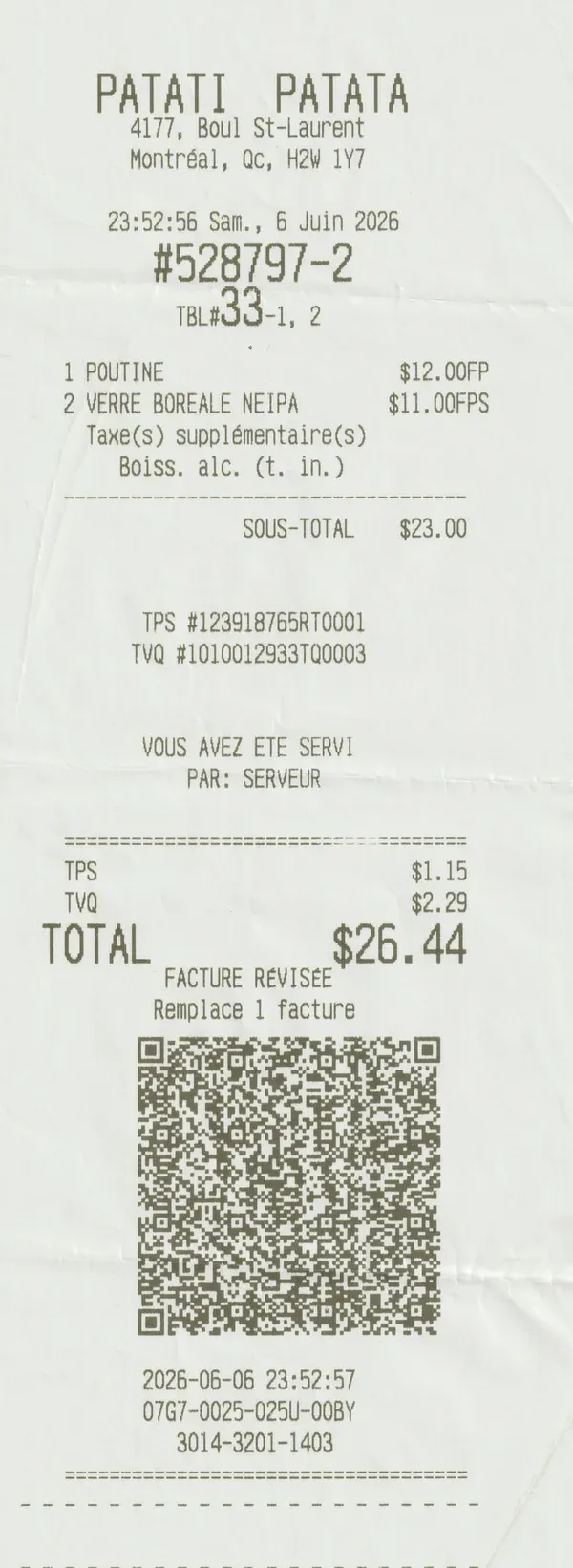 Full receipt from Patati Patata in Montreal showing the TPS registration number 123918765RT0001, the TVQ registration number 1010012933TQ0003, and separate TPS ($1.15) and TVQ ($2.29) amounts