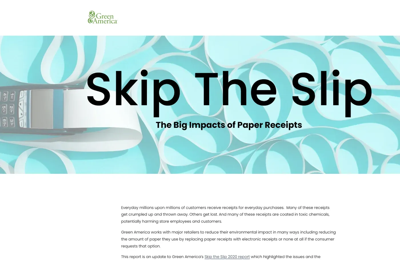 Green America Skip the Slip report on the environmental cost of paper receipts