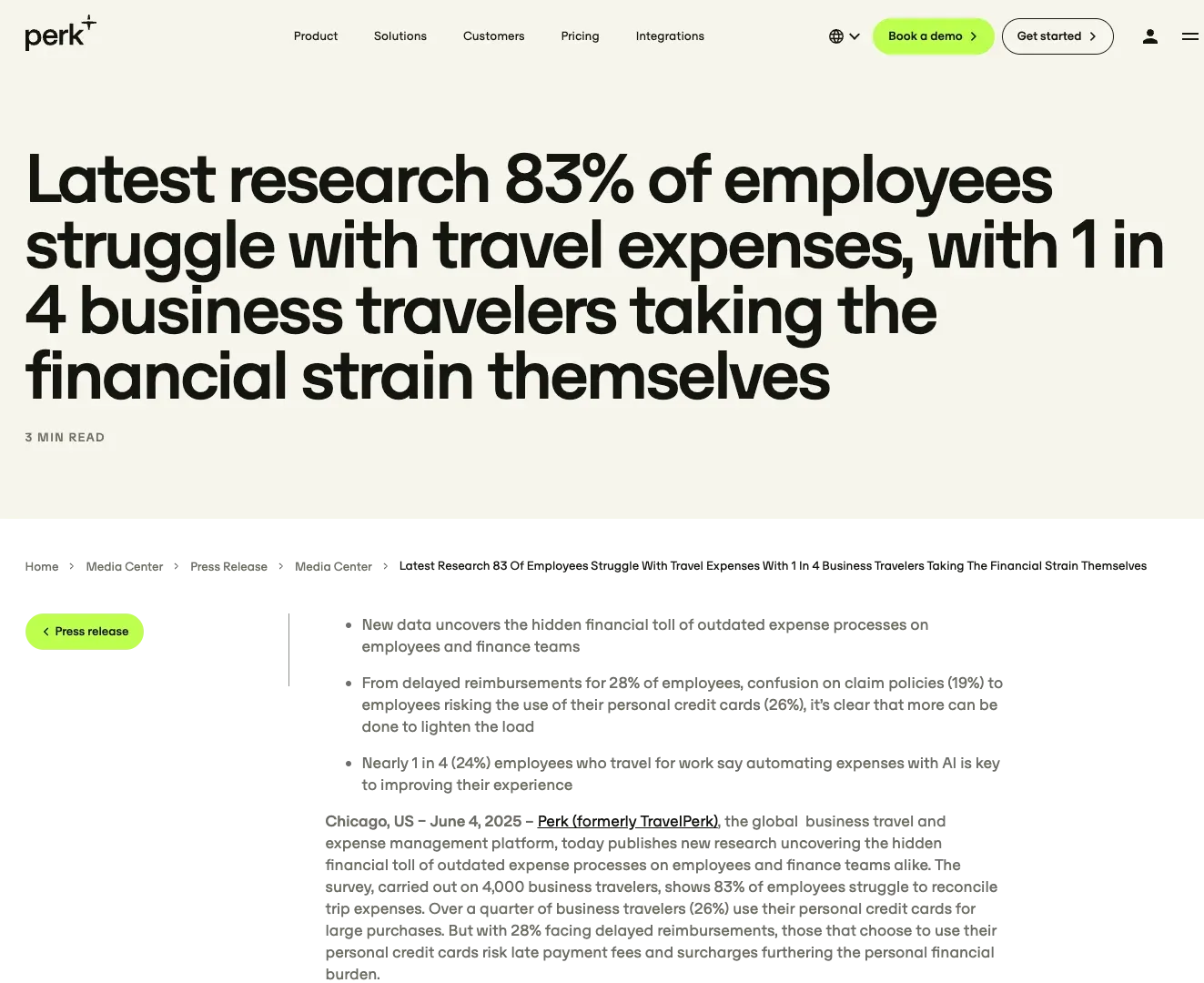Perk research on business travelers struggling with travel expenses
