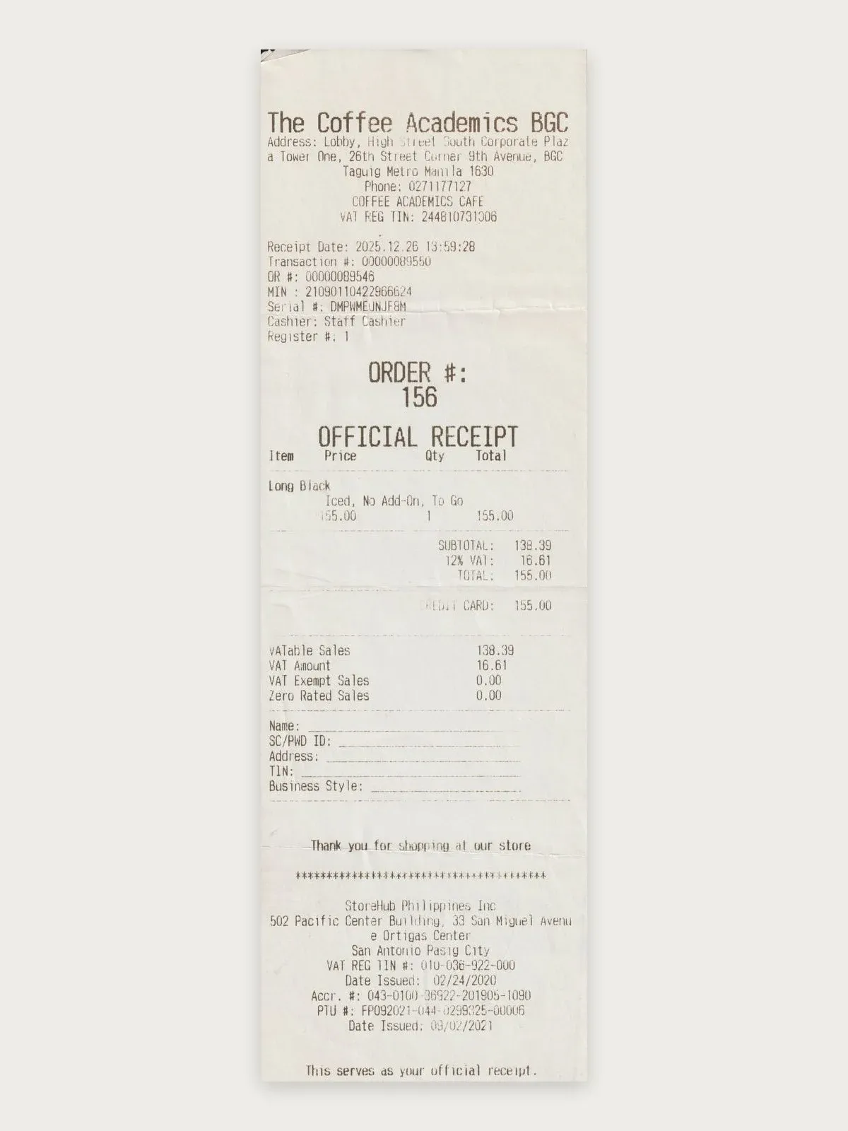 The Coffee Academics receipt from BGC, Taguig, with VAT REG TIN, machine numbers, a 12% VAT breakdown and blank buyer fields