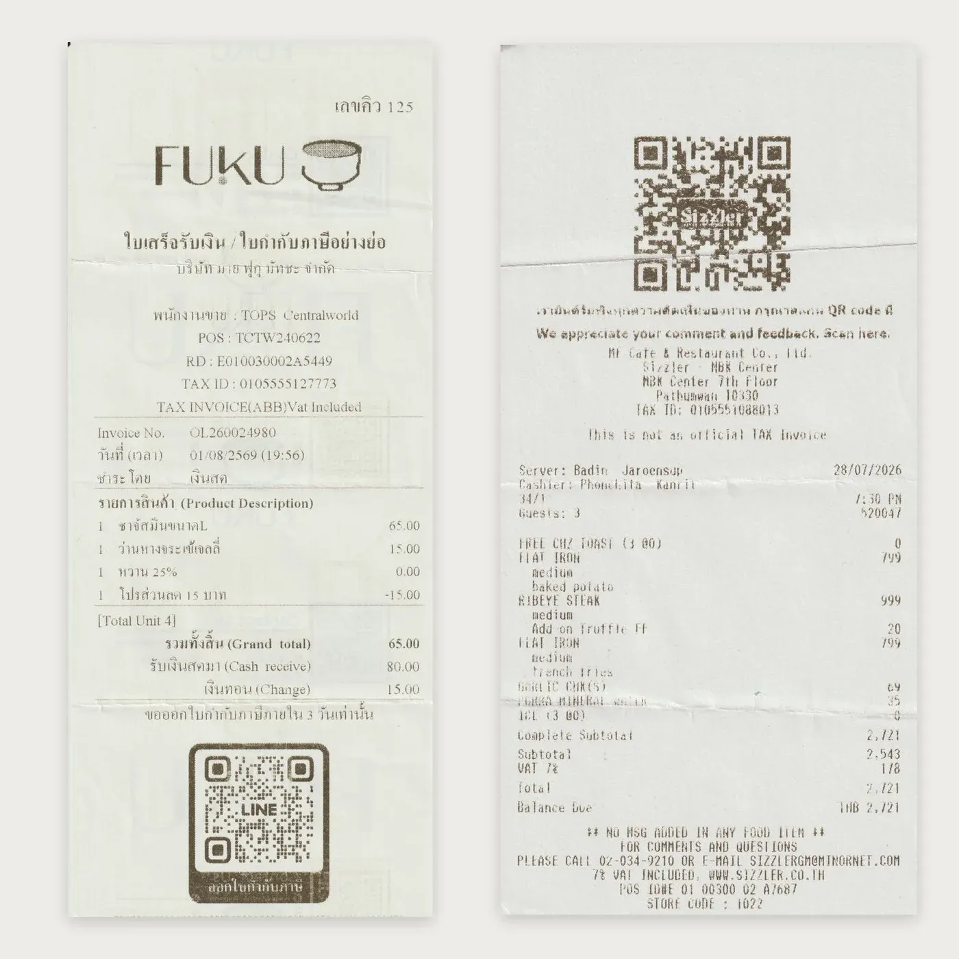 Two Bangkok receipts: a FUKU receipt and abbreviated tax invoice in Thai, and a Sizzler bill marked "This is not an official TAX Invoice"