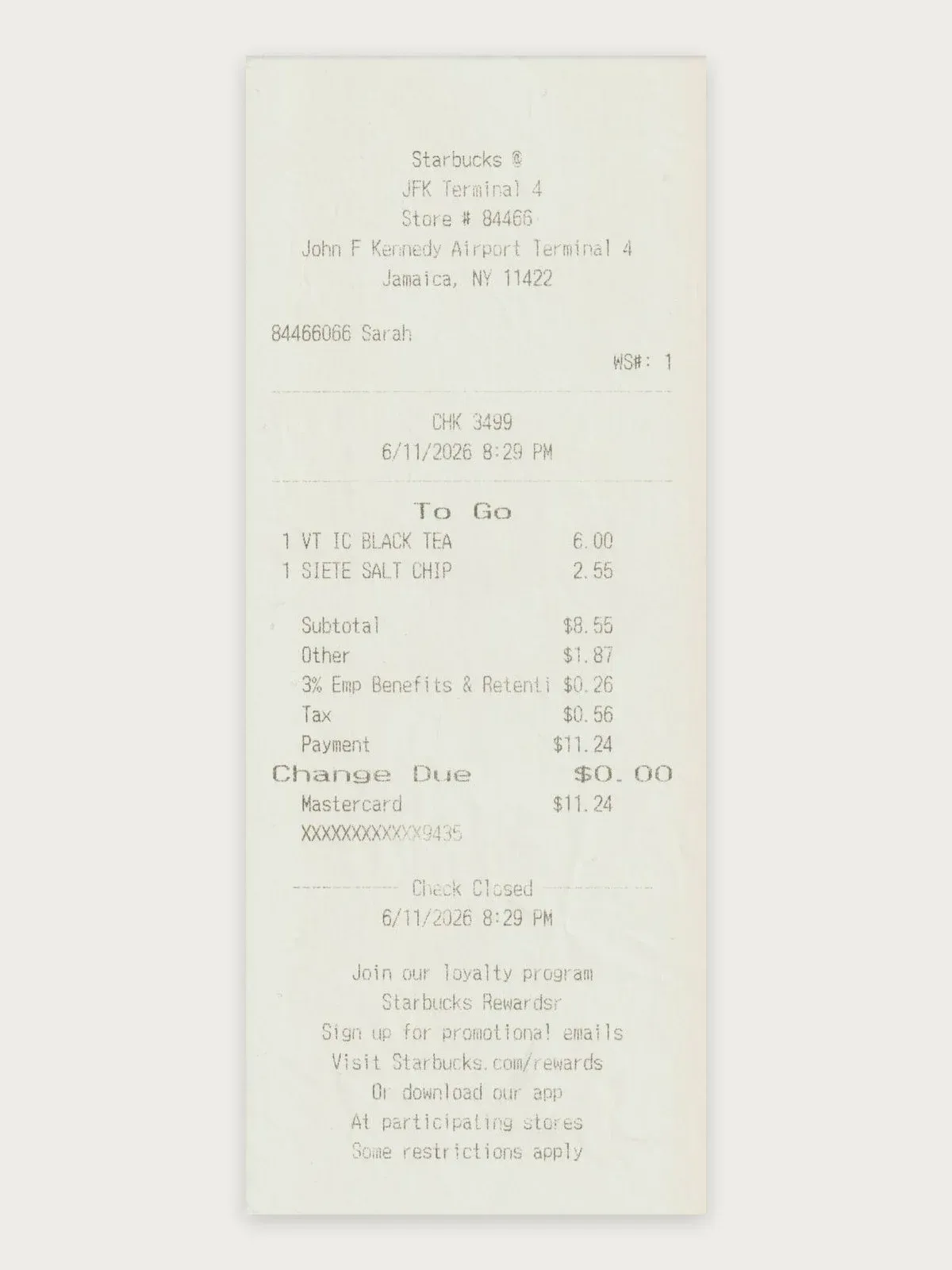 Starbucks receipt from JFK Airport Terminal 4, New York, with subtotal, surcharges, tax and Mastercard payment