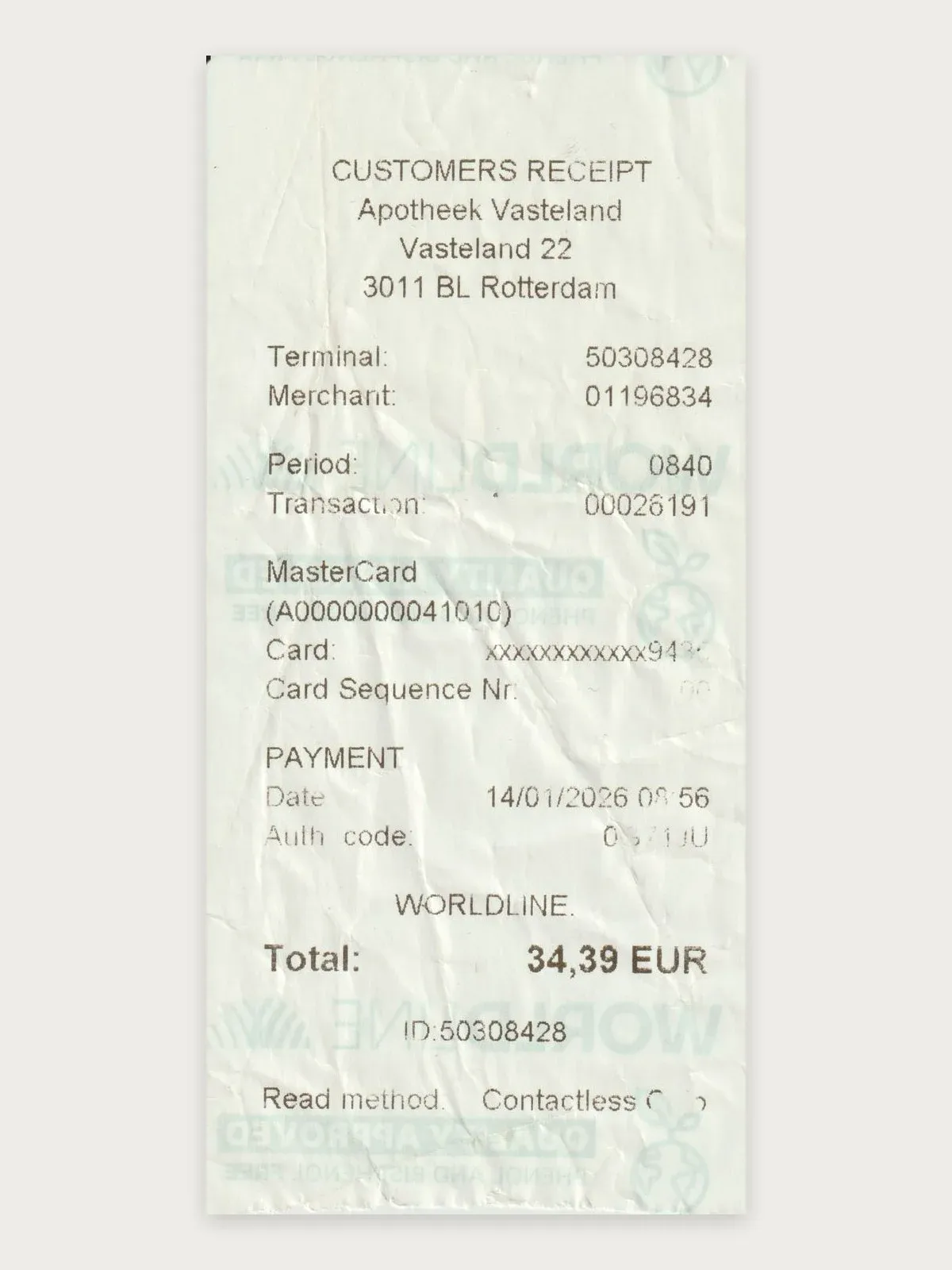 Card terminal customer's receipt from Apotheek Vasteland in Rotterdam showing the total, masked card number and authorization code but no items