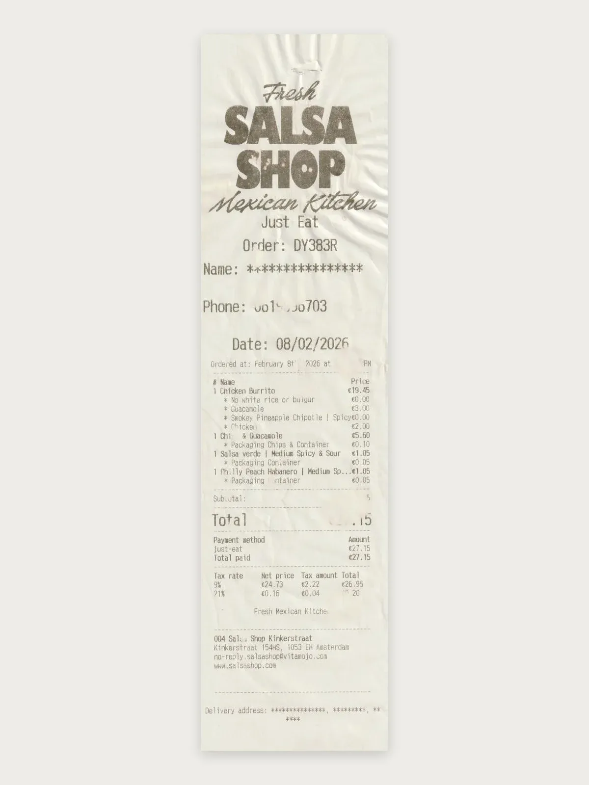 Salsa Shop receipt for a Just Eat delivery order in Amsterdam, showing items, total paid and VAT at 9% and 21%