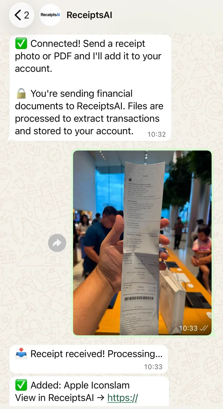 WhatsApp chat with ReceiptsAI: the connected message, a photographed receipt, and the Added confirmation