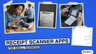 Collage of a woman scanning a receipt at a cafe, a paper receipt, a phone scan and extracted receipt fields, labelled receipt scanner apps