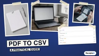 Collage of printed table pages, a laptop with a spreadsheet, a phone scanning a document, and a transaction list, labelled PDF to CSV
