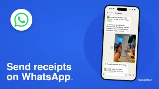 Real ReceiptsAI WhatsApp chat on a phone, showing a photographed receipt being added, next to the WhatsApp logo