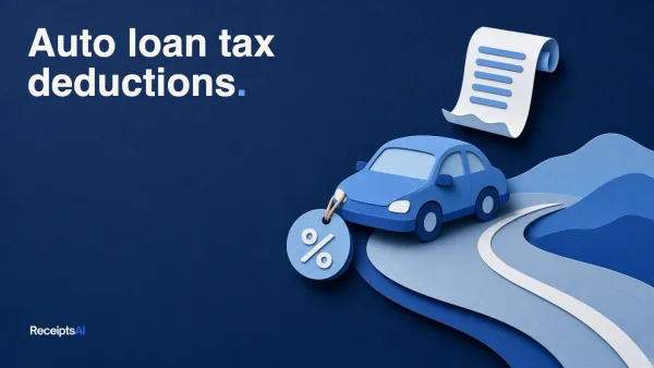 Paper-cut illustration of a blue car on a winding road with a receipt and a percent tag