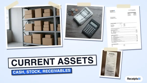 Collage of stock on shelves, cash with a calculator, a bank statement and a receipt, labelled current assets