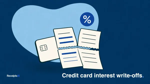 Illustration of a credit card statement split into business and personal halves, with a credit card and an interest percent badge