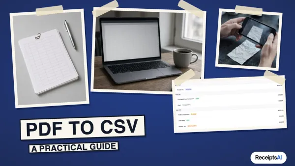 Collage of printed table pages, a laptop with a spreadsheet, a phone scanning a document, and a transaction list, labelled PDF to CSV