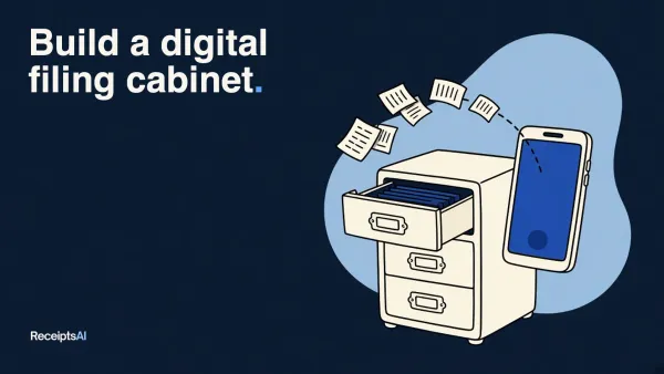 Line-art filing cabinet with receipts flying into an open drawer from a smartphone