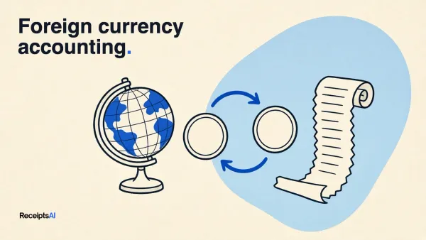 Line-art illustration of a desk globe, two coins swapping places, and a long paper receipt