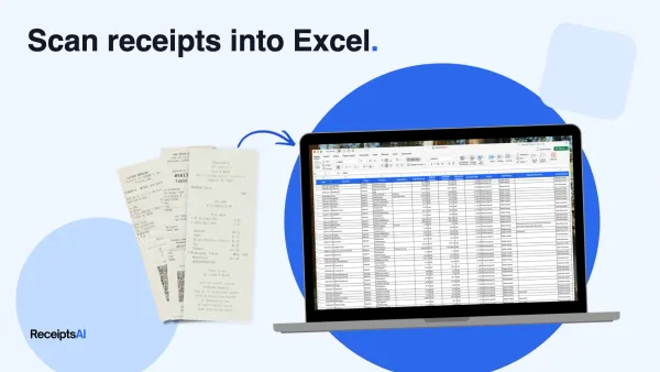 Paper receipts with an arrow to a laptop showing them as rows in a spreadsheet
