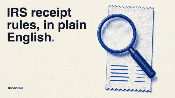 A blue print of a tall receipt under a magnifying glass, about the details a receipt needs to show.