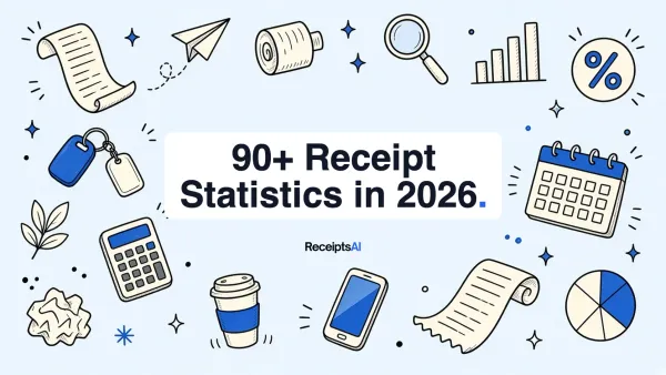Doodle illustration of receipts, charts, a calculator and a magnifying glass around the title 90+ Receipt Statistics in 2026