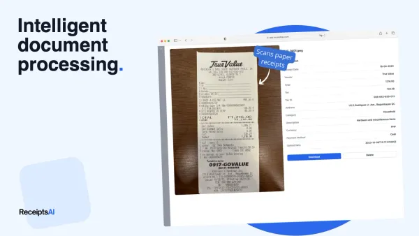 ReceiptsAI app screen extracting vendor, date, total and tax fields from a scanned paper receipt