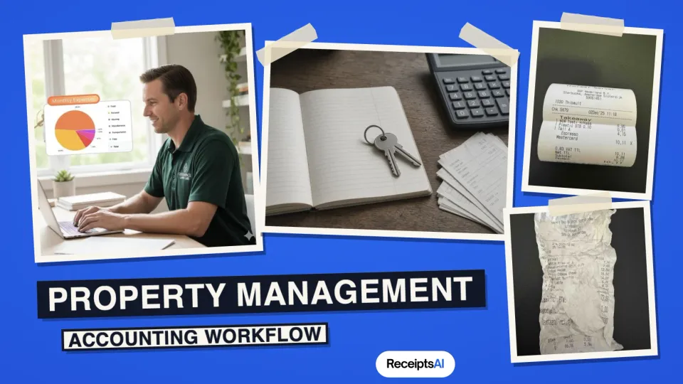 A taped photo collage of a home office, keys on a notebook, and paper receipts, for a property accounting workflow.