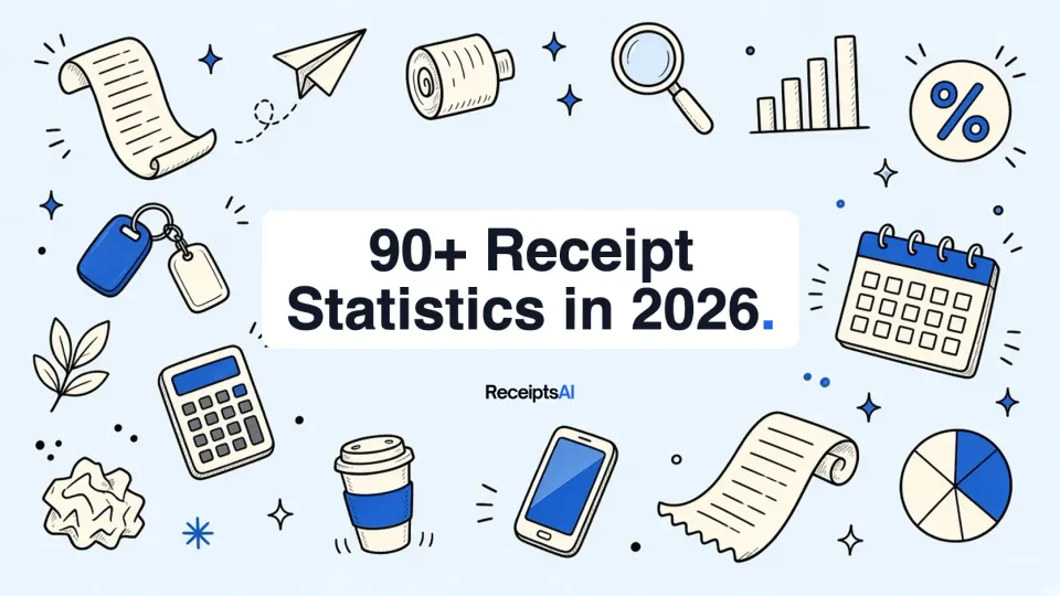 Doodle illustration of receipts, charts, a calculator and a magnifying glass around the title 90+ Receipt Statistics in 2026